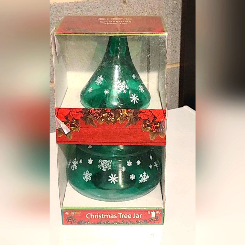 Vintage Glass Christmas Tree Cookie Candy Jar by Rite Aid, New In Box